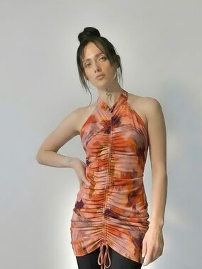 PrettyLittleThing Orange & Purple Tie-Dye Halter Ruched Mini Dress